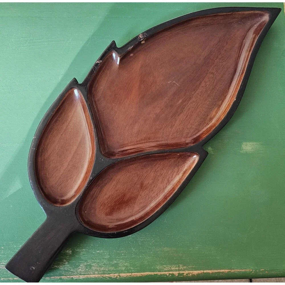 Vintage Wood Leaf Shaped Tray 3 Sections 16 Inches Long Made In Haiti